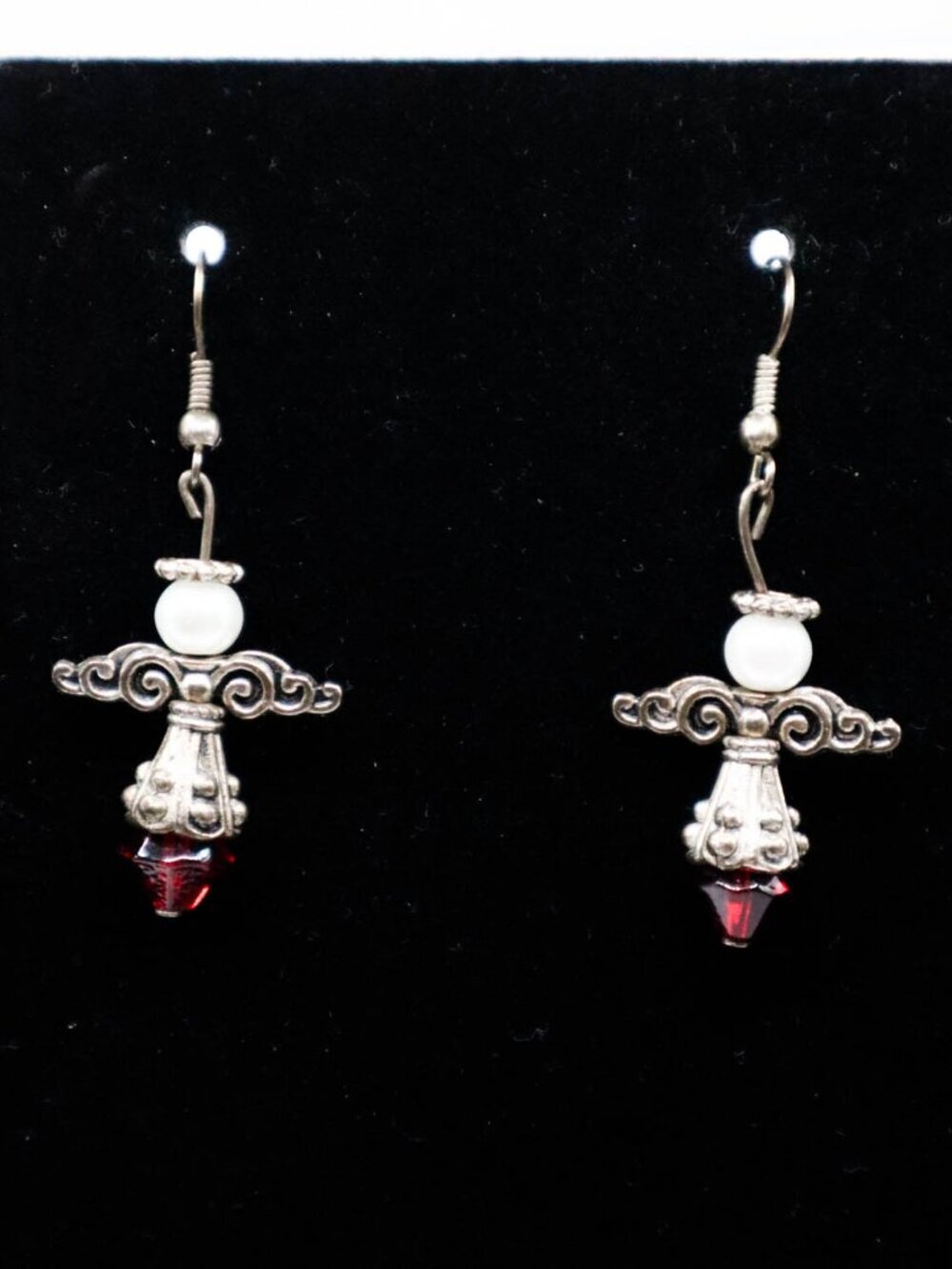 Silver Tone & Beaded Guardian Angel Dangle Earrings Ornate Filigree Pierced Ears